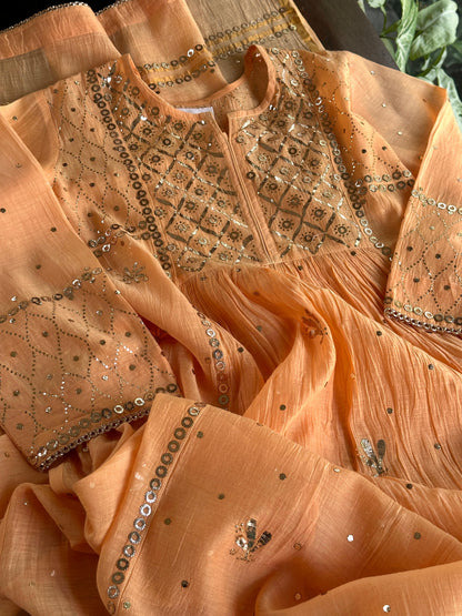 Orange Salmon Shade Mukaish Kamdani Mul Chanderi Kurta Set