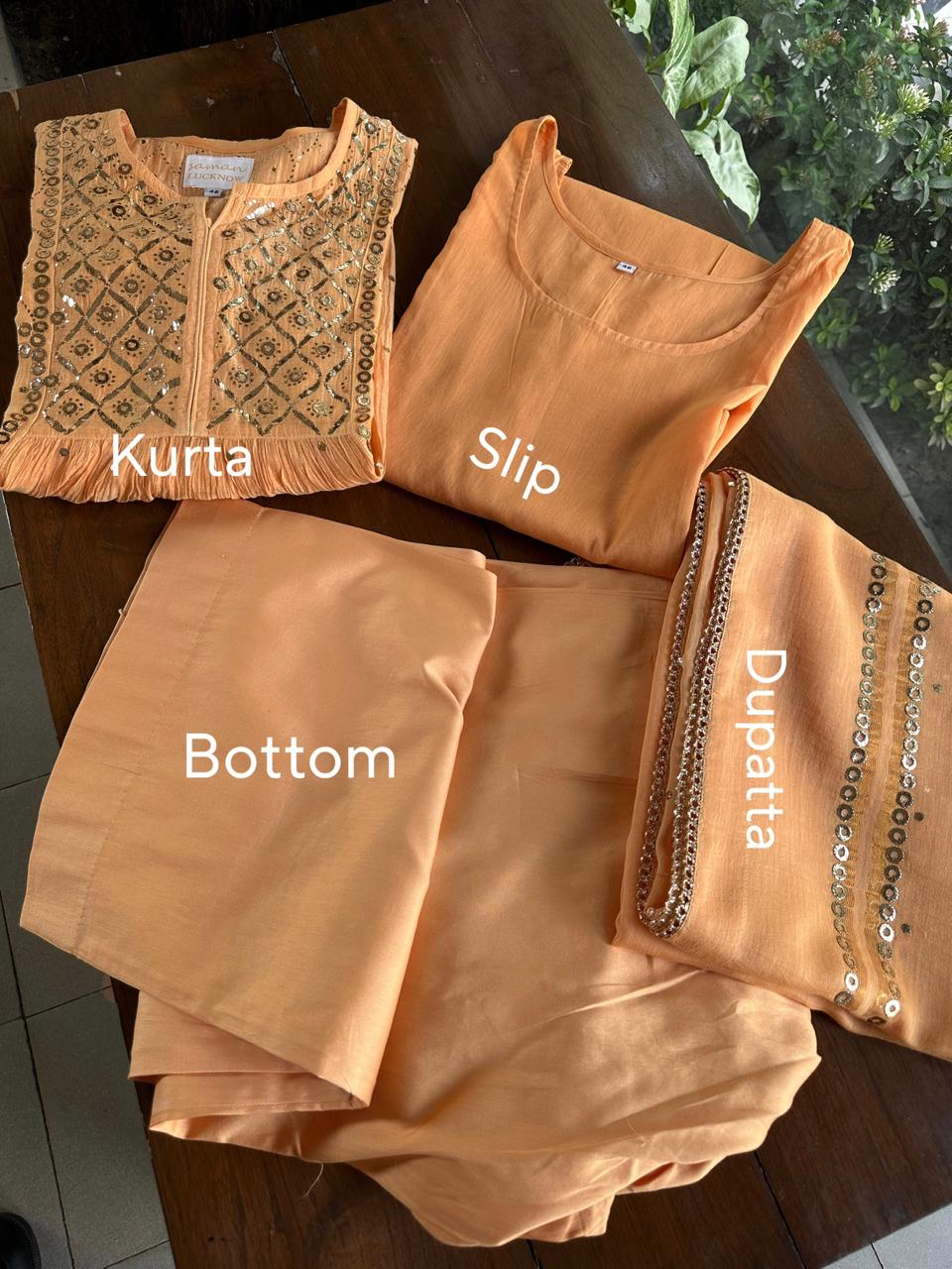 Orange Salmon Shade Mukaish Kamdani Mul Chanderi Kurta Set