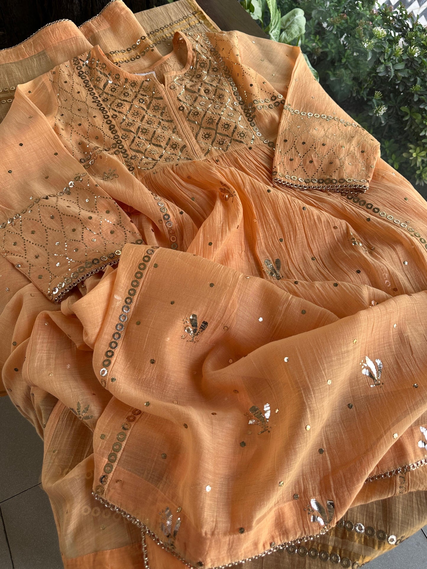 Orange Salmon Shade Mukaish Kamdani Mul Chanderi Kurta Set