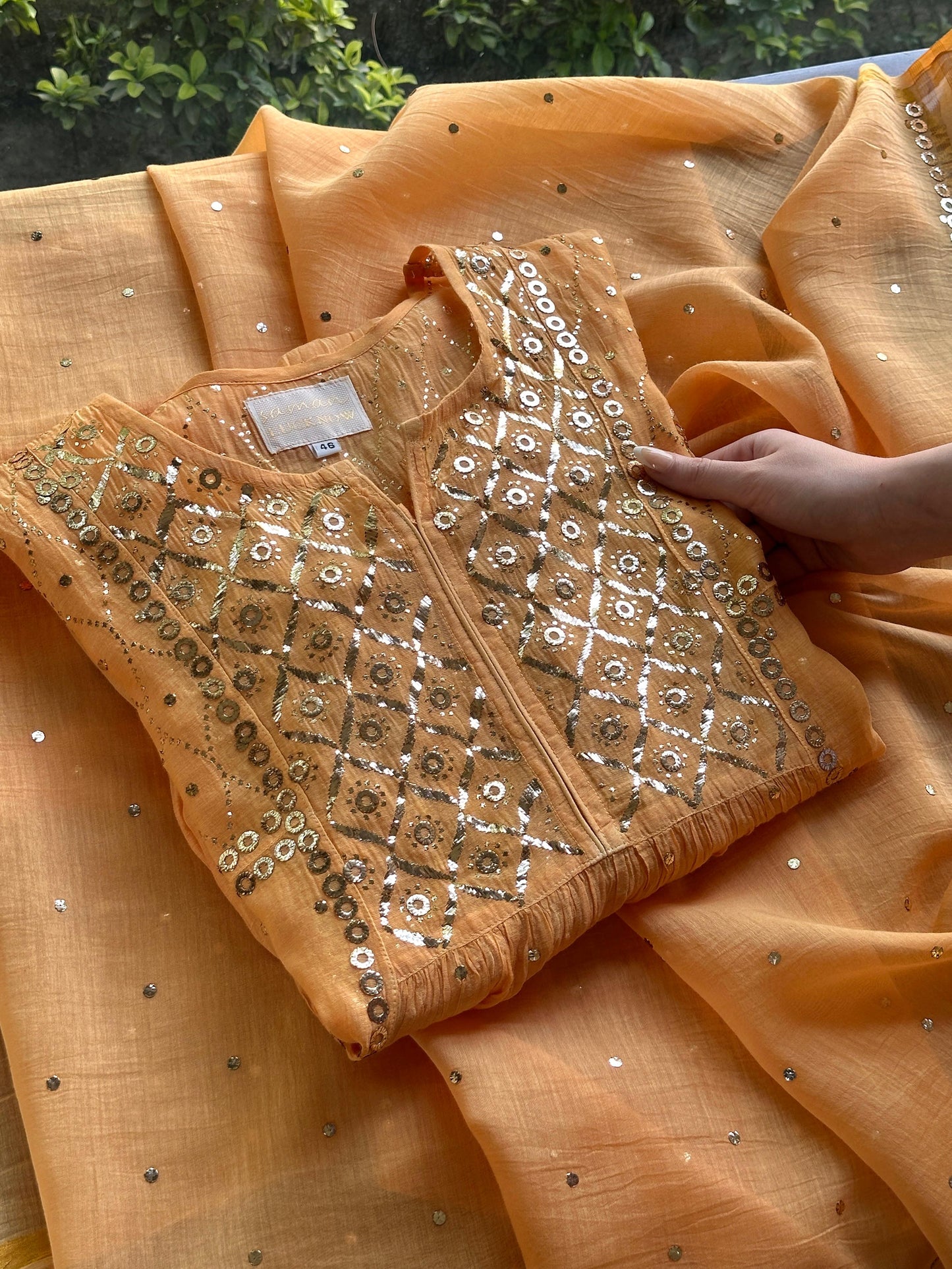 Orange Salmon Shade Mukaish Kamdani Mul Chanderi Kurta Set
