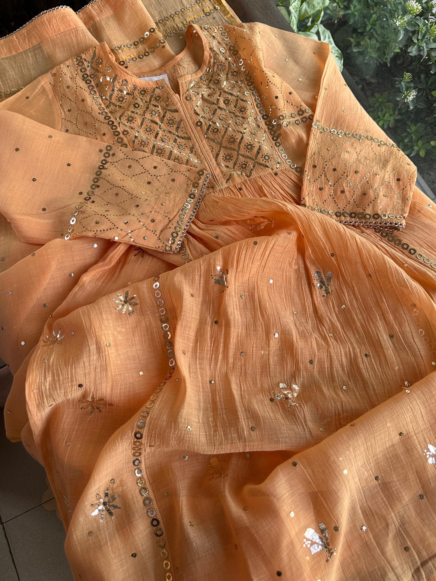 Orange Salmon Shade Mukaish Kamdani Mul Chanderi Kurta Set