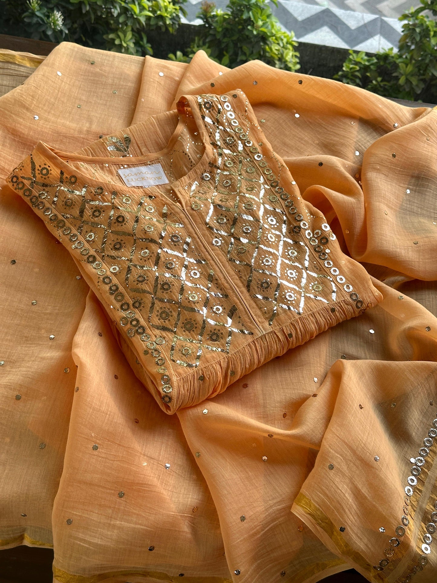 Orange Salmon Shade Mukaish Kamdani Mul Chanderi Kurta Set