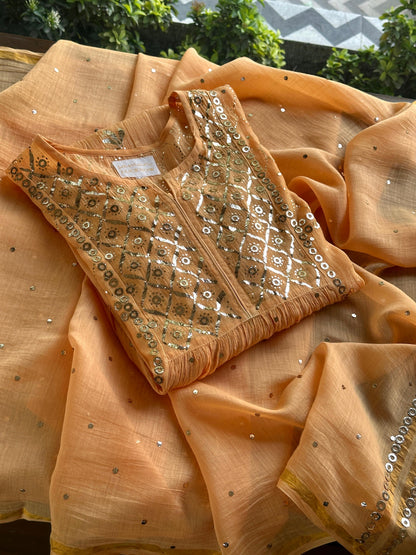 Orange Salmon Shade Mukaish Kamdani Mul Chanderi Kurta Set