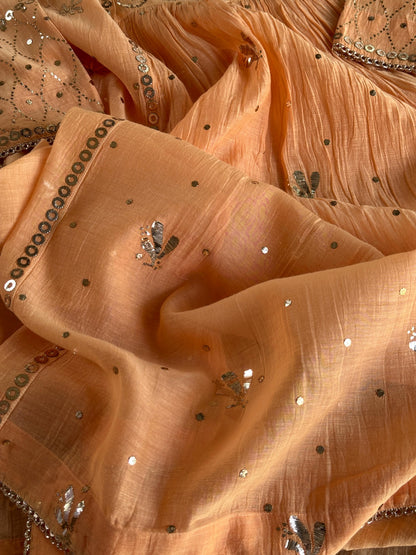 Orange Salmon Shade Mukaish Kamdani Mul Chanderi Kurta Set