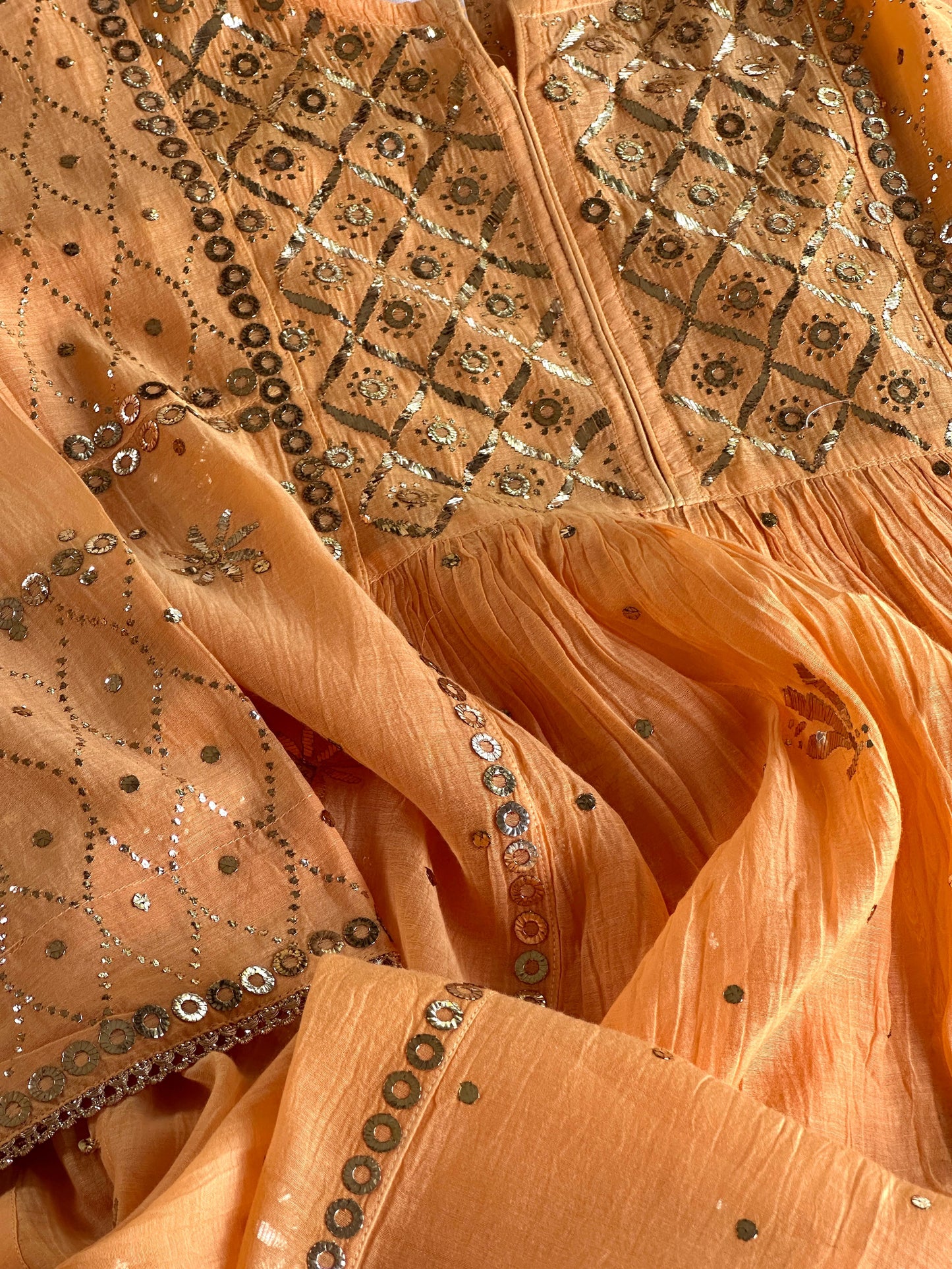 Orange Salmon Shade Mukaish Kamdani Mul Chanderi Kurta Set