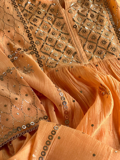 Orange Salmon Shade Mukaish Kamdani Mul Chanderi Kurta Set