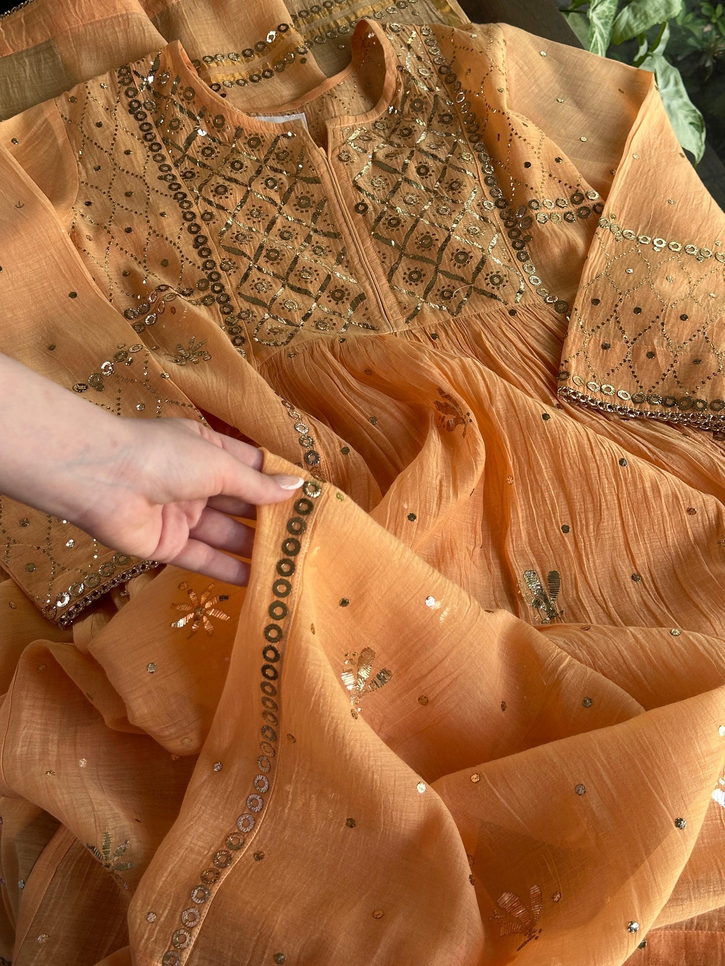 Orange Salmon Shade Mukaish Kamdani Mul Chanderi Kurta Set