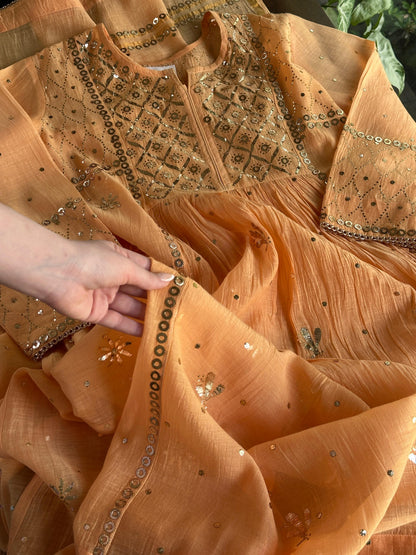 Orange Salmon Shade Mukaish Kamdani Mul Chanderi Kurta Set