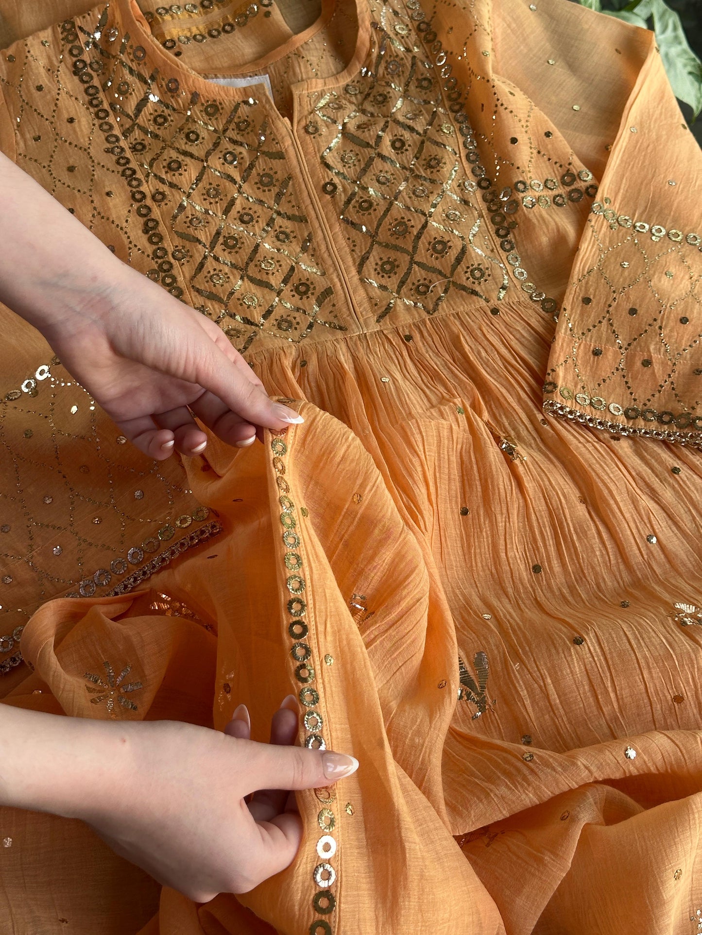 Orange Salmon Shade Mukaish Kamdani Mul Chanderi Kurta Set