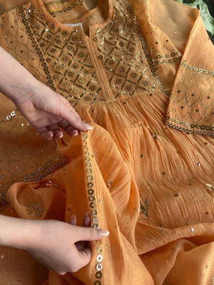 Orange Salmon Shade Mukaish Kamdani Mul Chanderi Kurta Set