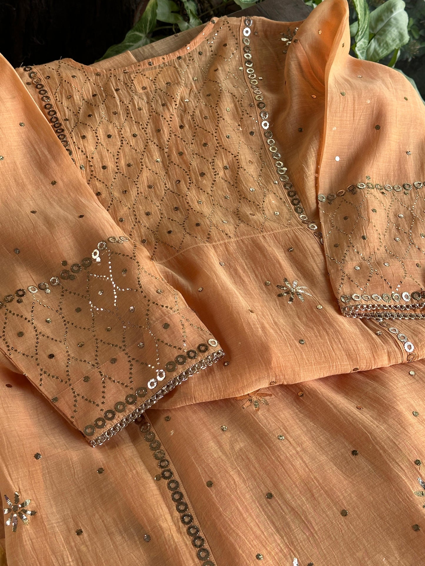 Orange Salmon Shade Mukaish Kamdani Mul Chanderi Kurta Set