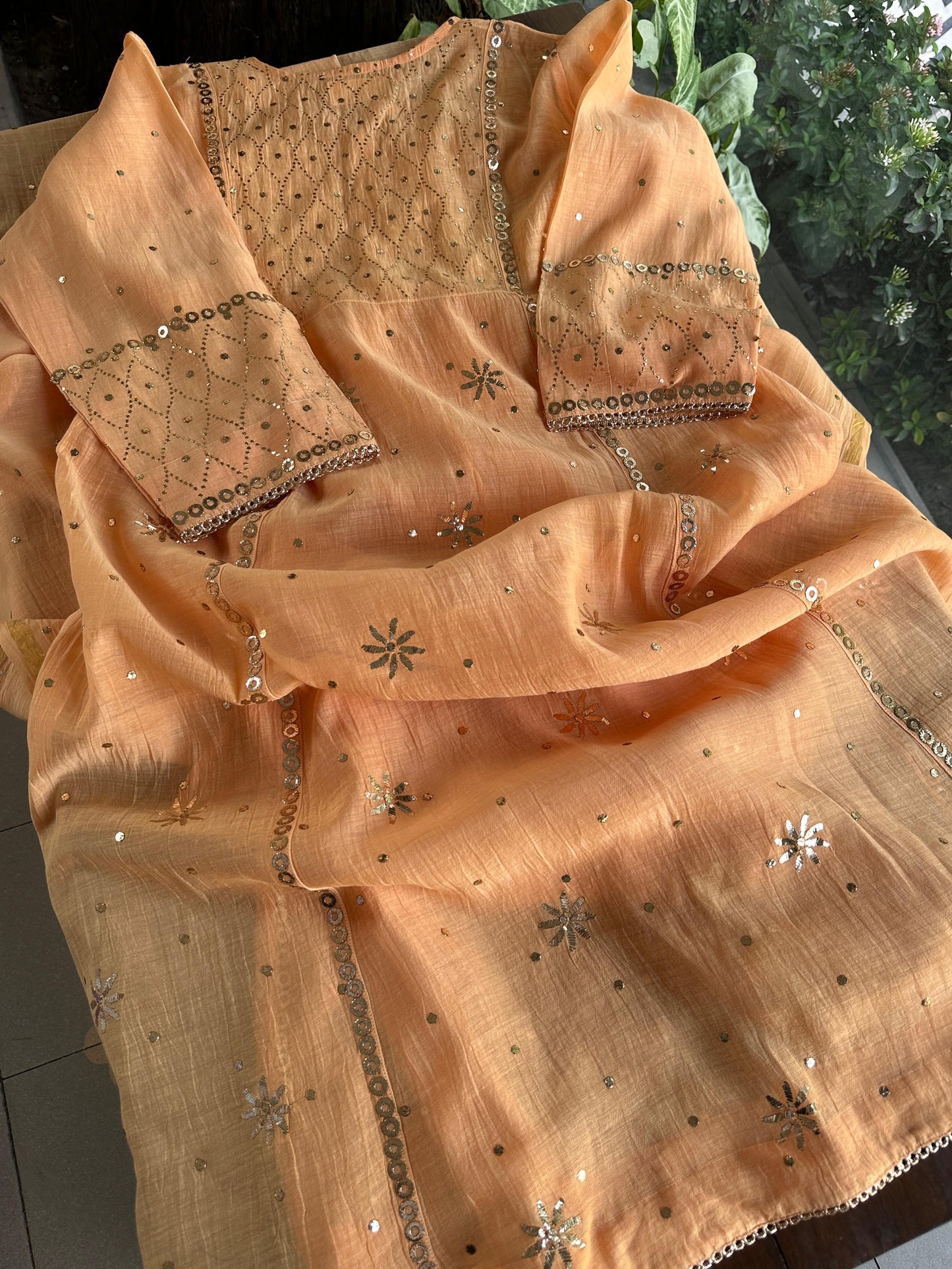Orange Salmon Shade Mukaish Kamdani Mul Chanderi Kurta Set