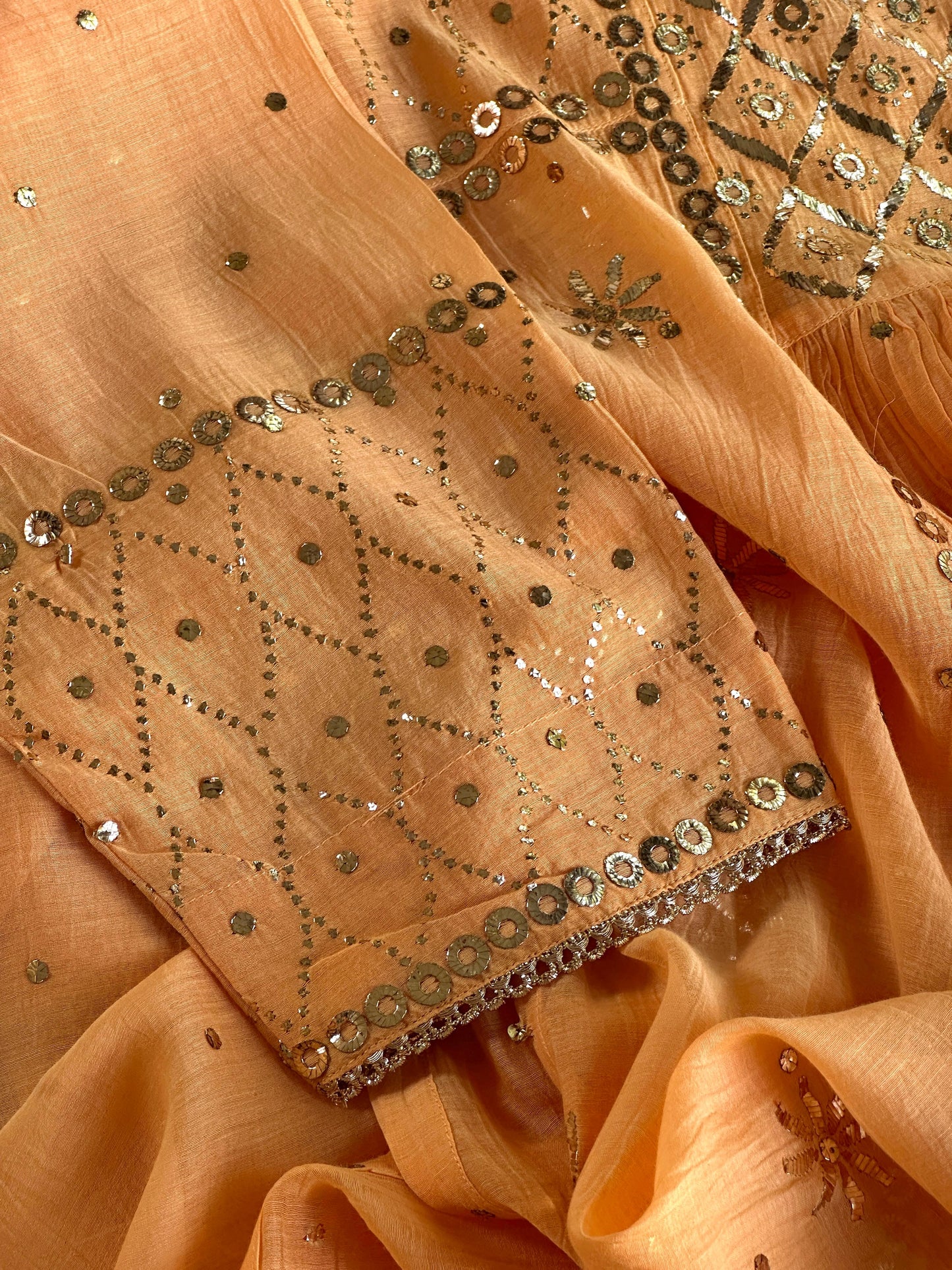 Orange Salmon Shade Mukaish Kamdani Mul Chanderi Kurta Set