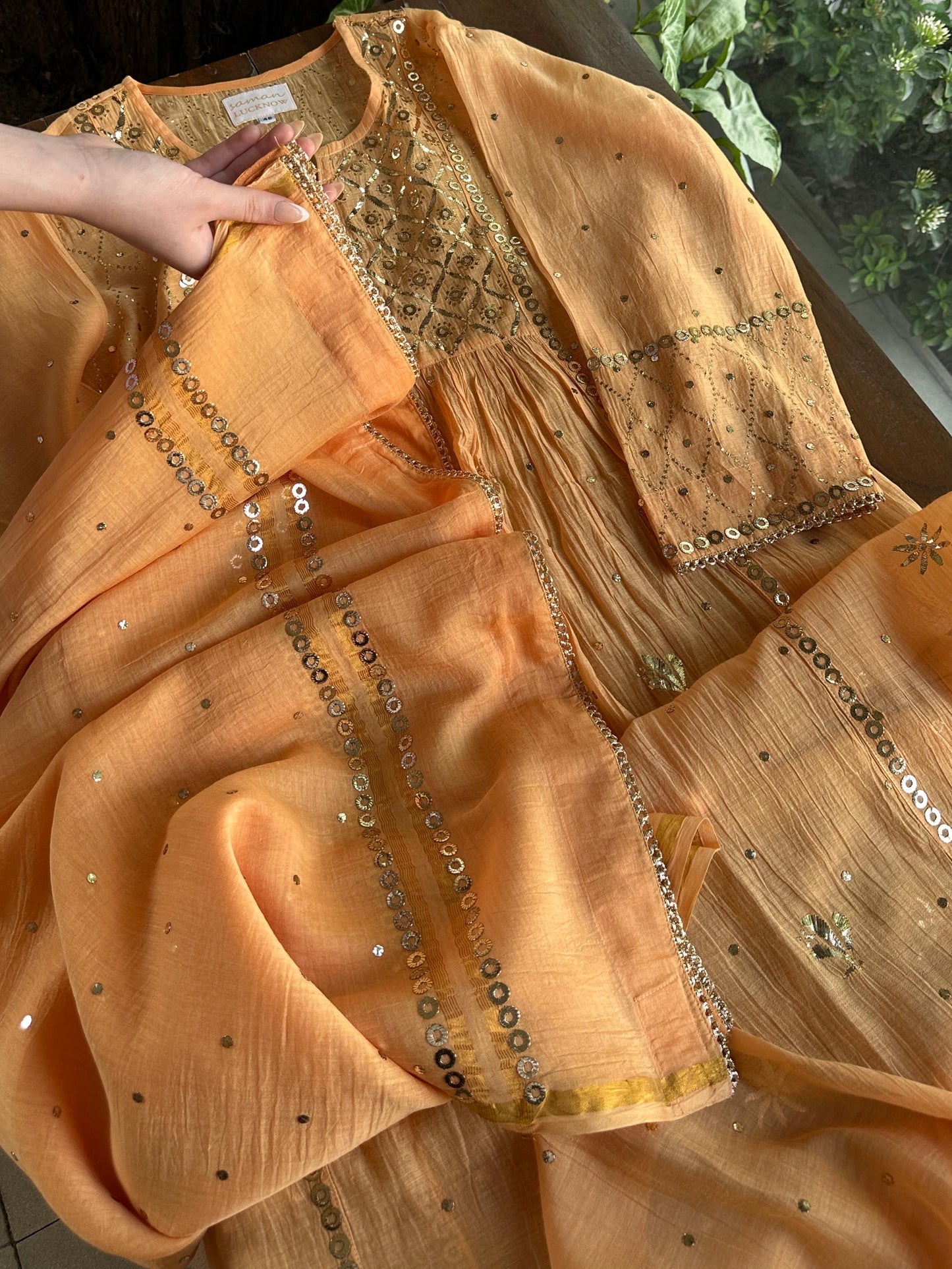 Orange Salmon Shade Mukaish Kamdani Mul Chanderi Kurta Set