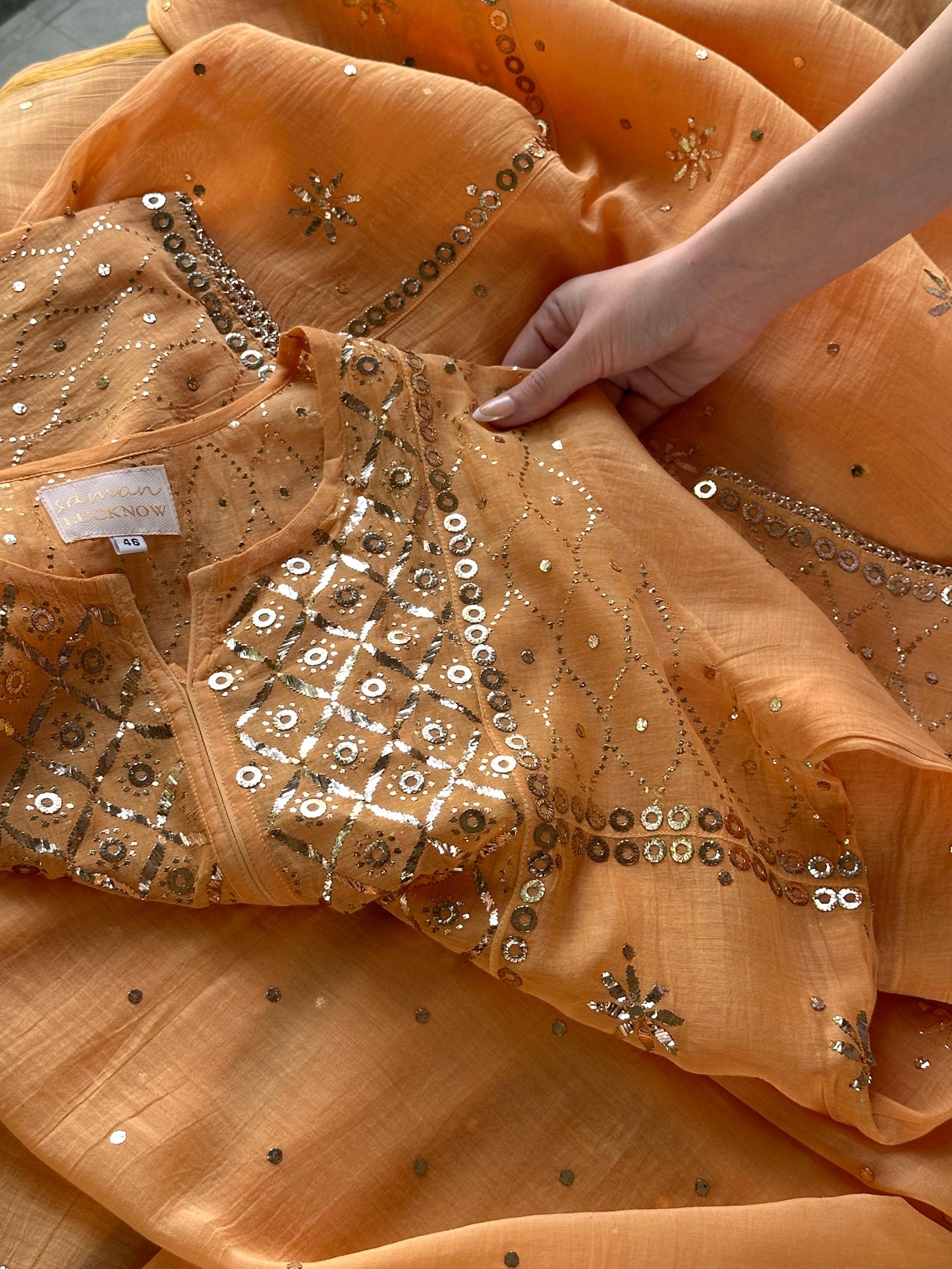 Orange Salmon Shade Mukaish Kamdani Mul Chanderi Kurta Set