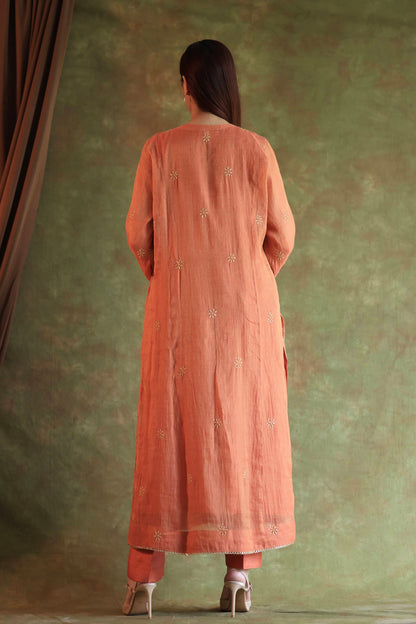 Orange Salmon Tissue Silk Chikankari Kurta Set