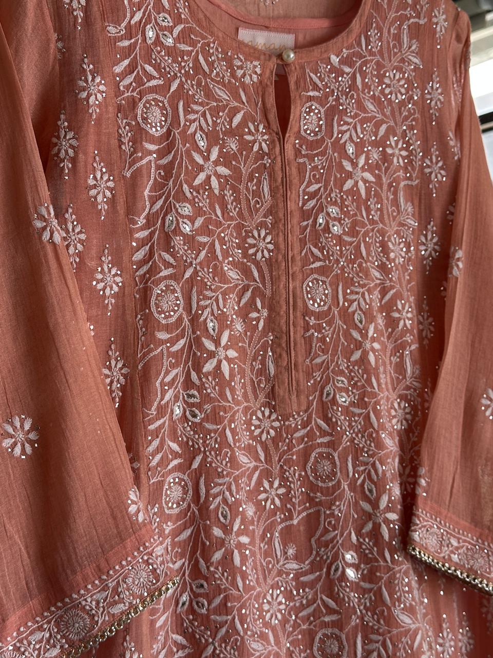 Orange Salmon Tissue Silk Chikankari Kurta Set