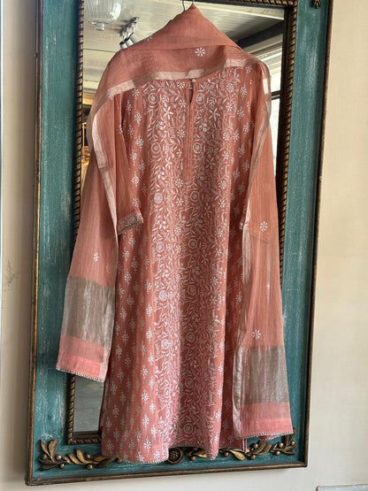 Orange Salmon Tissue Silk Chikankari Kurta Set