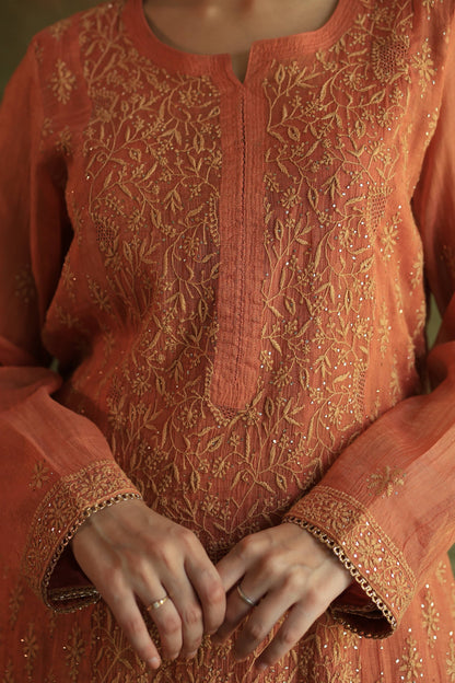 Orange Salmon Tissue Silk Chikankari Kurta Set