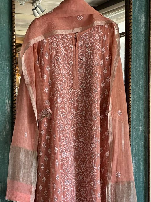 Orange Salmon Tissue Silk Chikankari Kurta Set