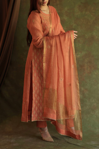 Orange Salmon Tissue Silk Chikankari Kurta Set