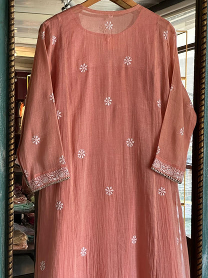 Orange Salmon Tissue Silk Chikankari Kurta Set