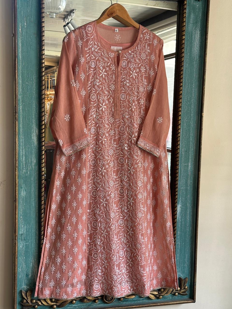 Orange Salmon Tissue Silk Chikankari Kurta Set
