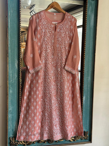 Orange Salmon Tissue Silk Chikankari Kurta Set