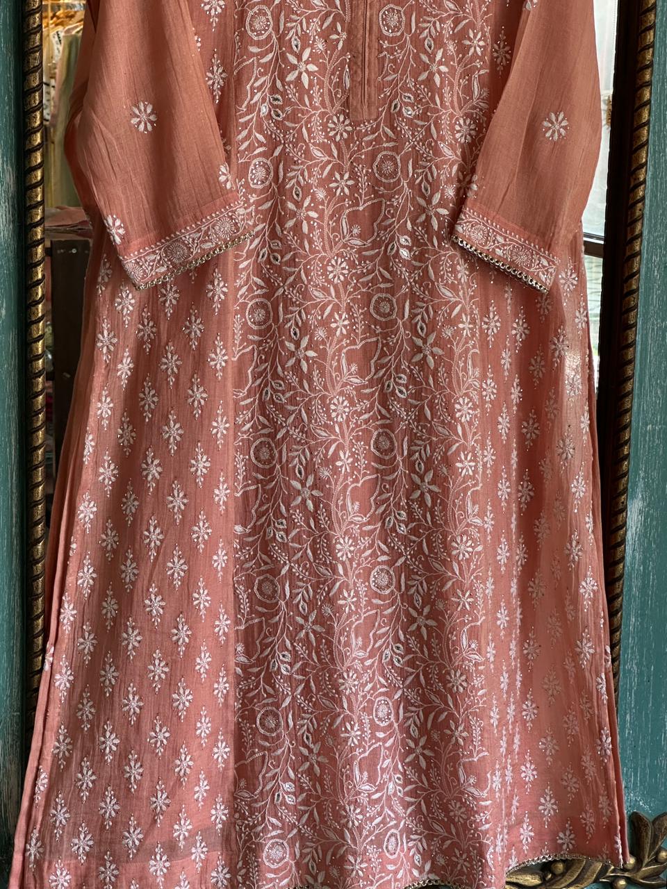 Orange Salmon Tissue Silk Chikankari Kurta Set
