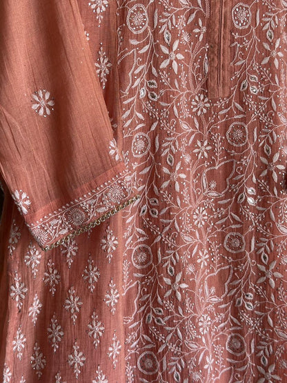 Orange Salmon Tissue Silk Chikankari Kurta Set