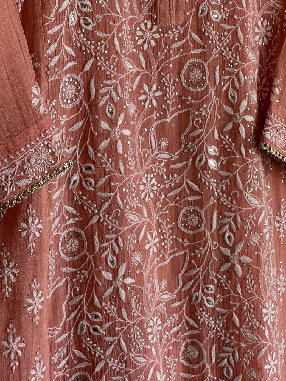 Orange Salmon Tissue Silk Chikankari Kurta Set