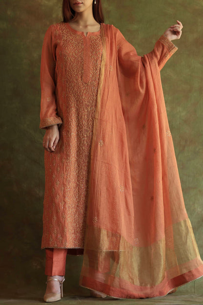 Orange Salmon Tissue Silk Chikankari Kurta Set