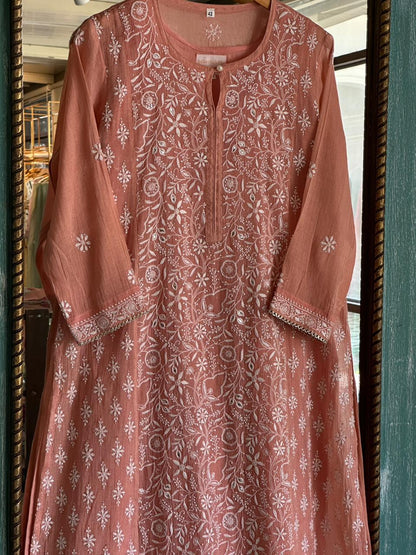 Orange Salmon Tissue Silk Chikankari Kurta Set