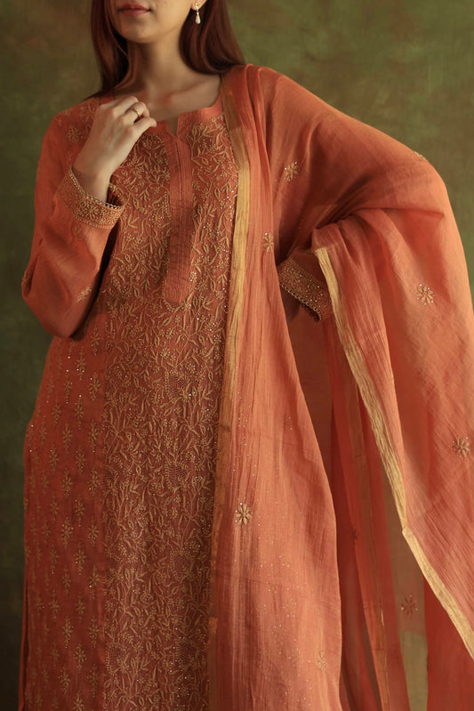 Orange Salmon Tissue Silk Chikankari Kurta Set