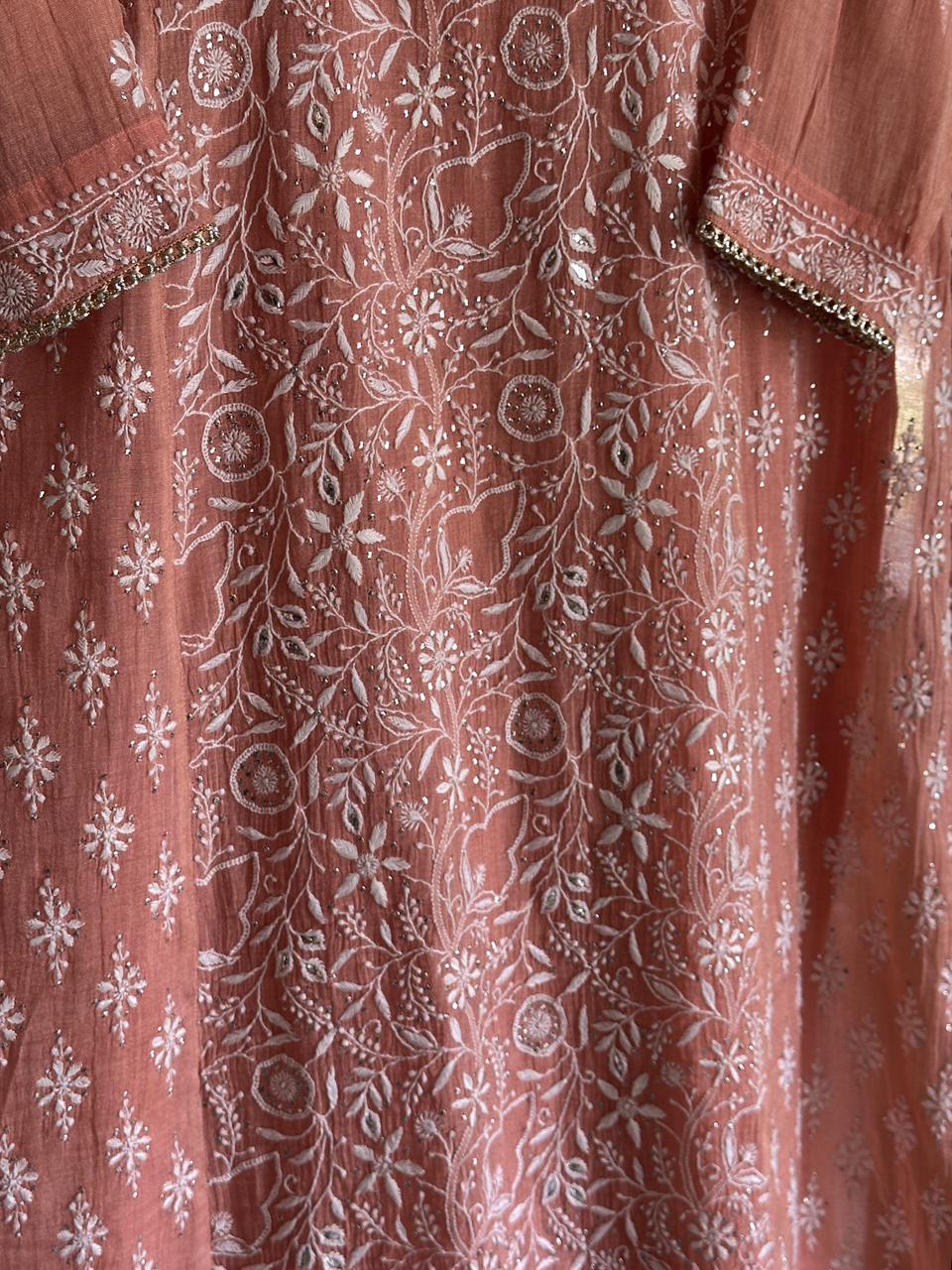 Orange Salmon Tissue Silk Chikankari Kurta Set