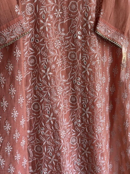 Orange Salmon Tissue Silk Chikankari Kurta Set