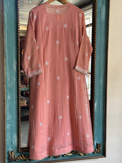 Orange Salmon Tissue Silk Chikankari Kurta Set