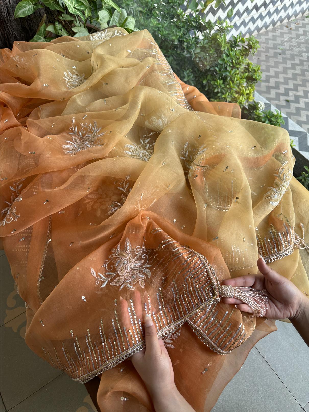 Orange Shade Organza Saree with Ari Work, Highlight Border & Tassels