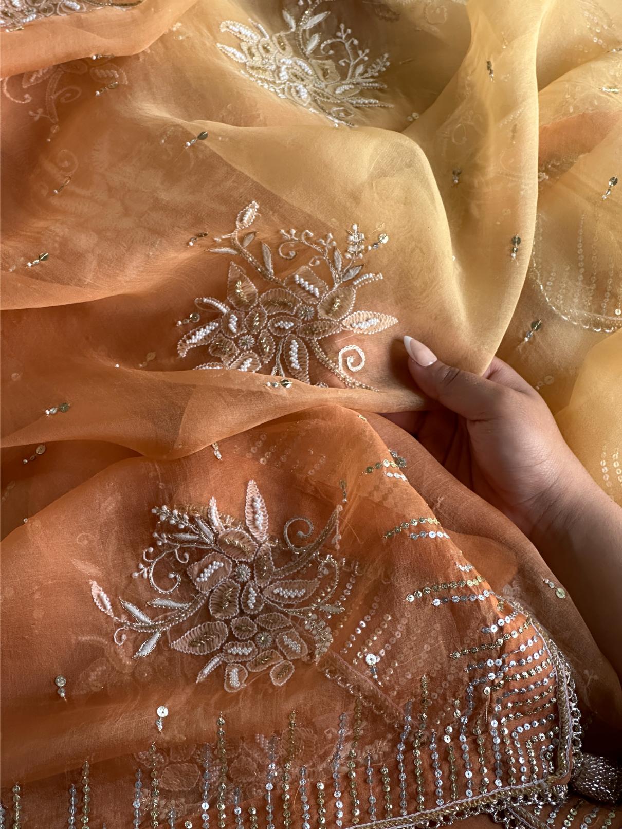 Orange Shade Organza Saree with Ari Work, Highlight Border & Tassels