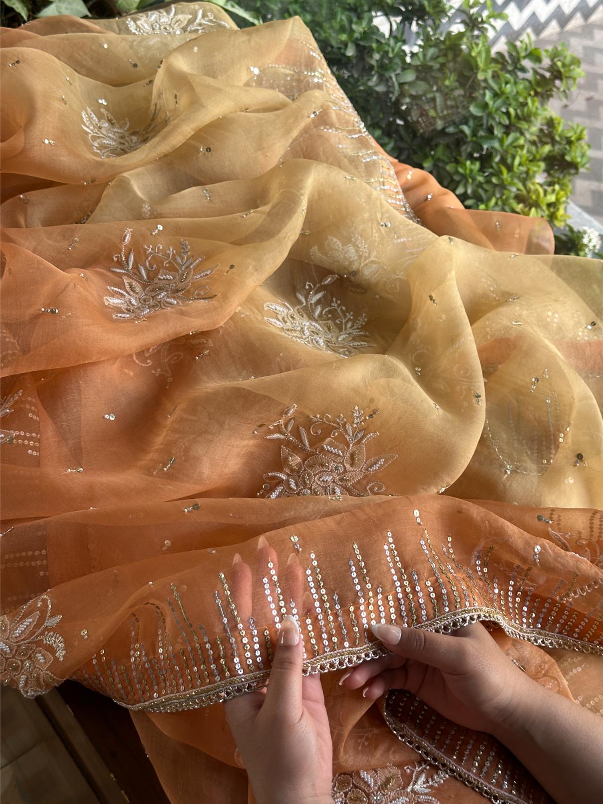 Orange Shade Organza Saree with Ari Work, Highlight Border & Tassels