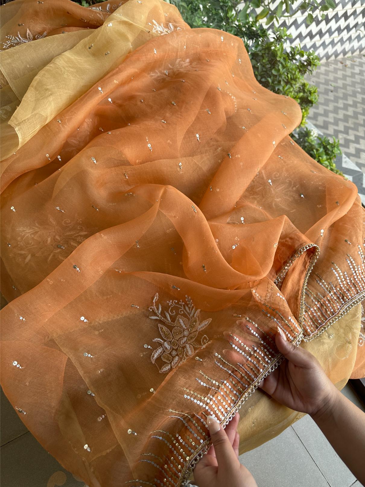 Orange Shade Organza Saree with Ari Work, Highlight Border & Tassels
