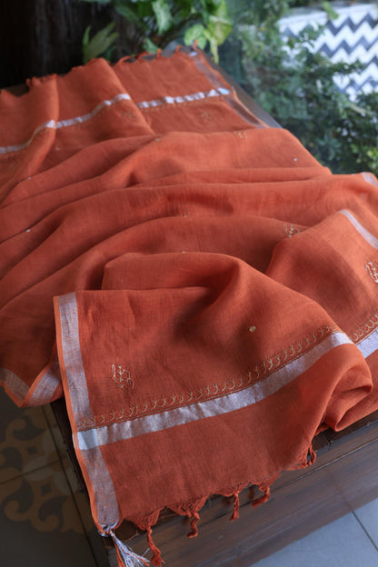 Orange Shade Rasm Silk Chikankari With Ari Work Unstitched Kurta Dupatta Set