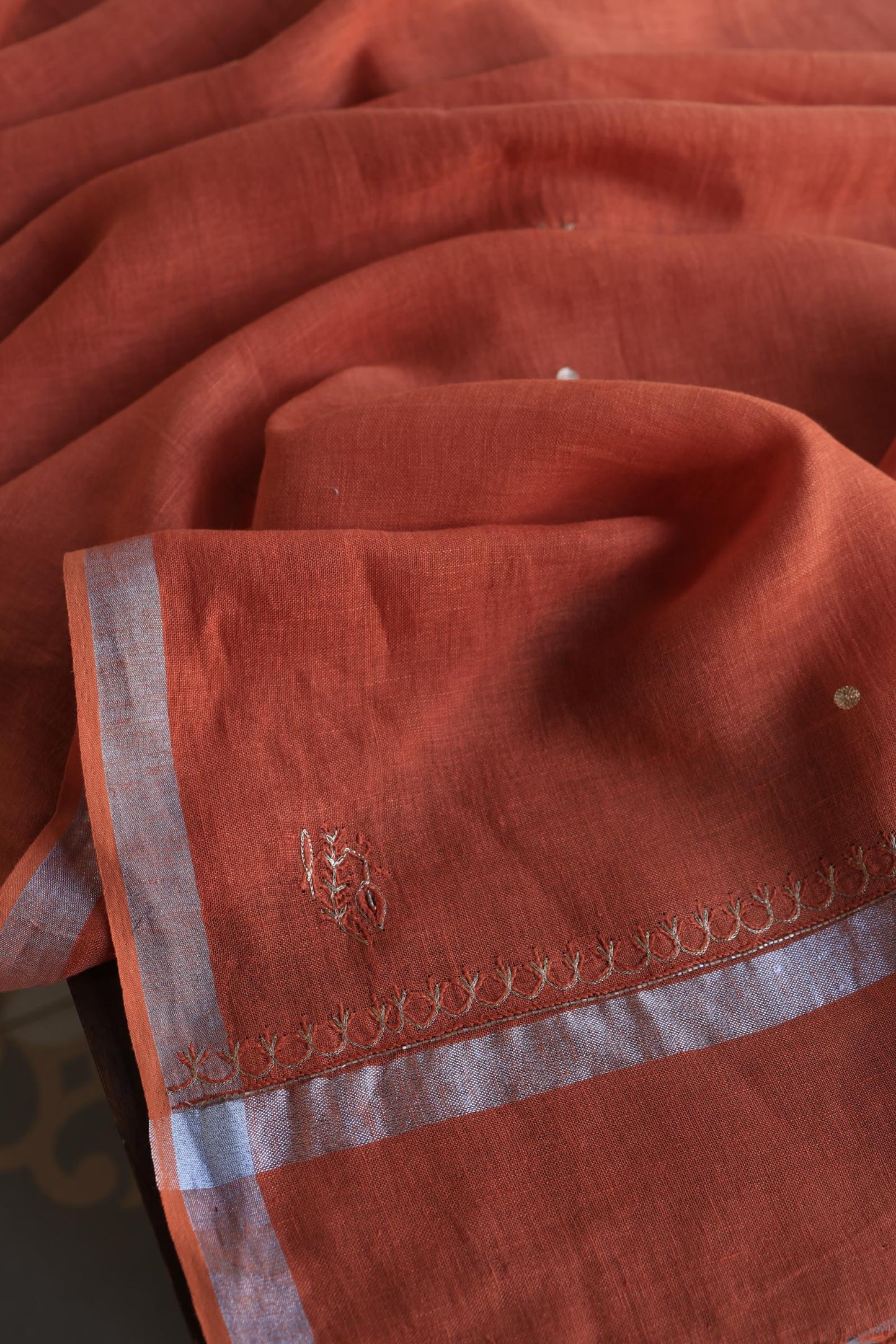 Orange Shade Rasm Silk Chikankari With Ari Work Unstitched Kurta Dupatta Set
