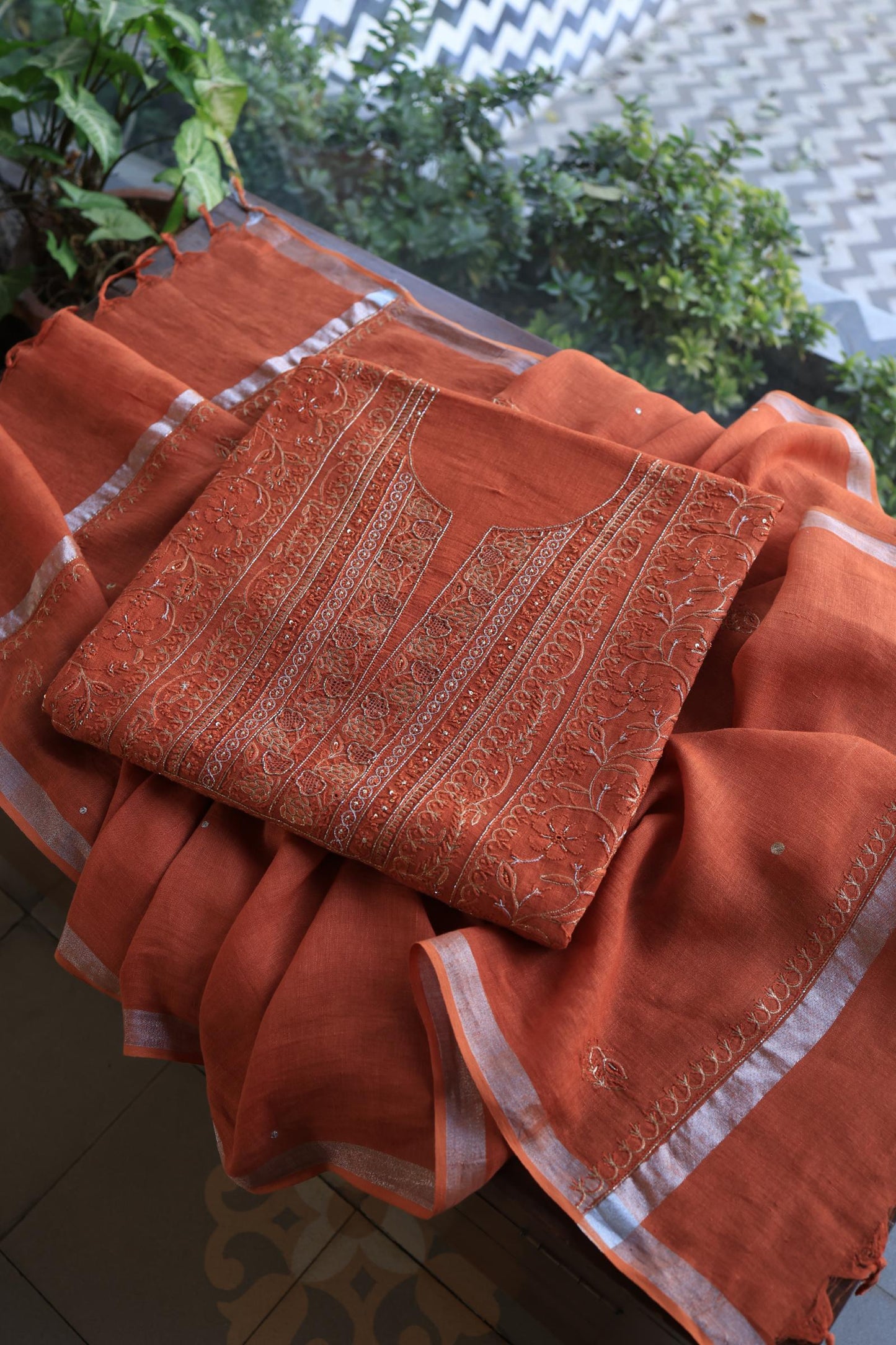 Orange Shade Rasm Silk Chikankari With Ari Work Unstitched Kurta Dupatta Set