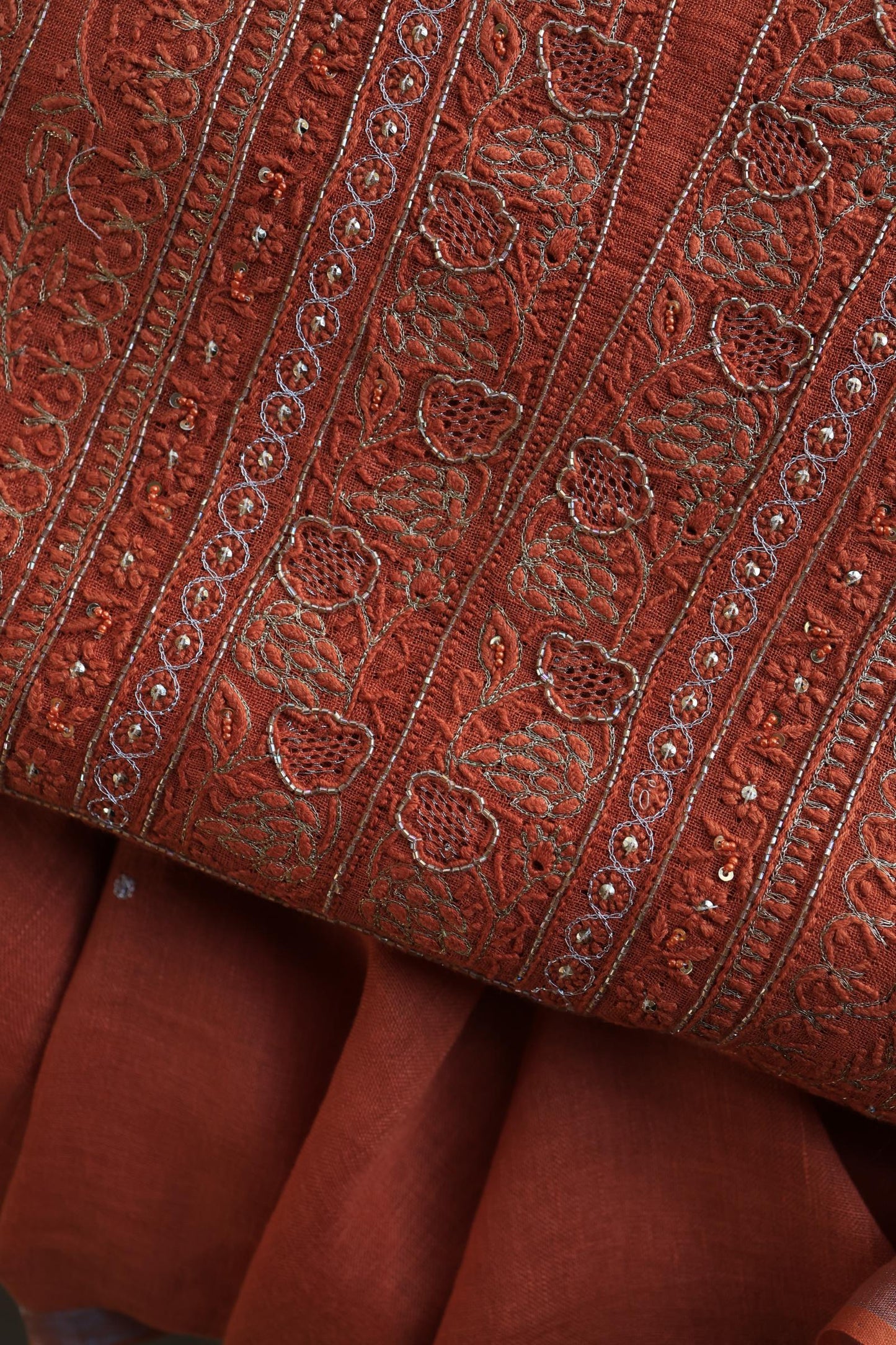 Orange Shade Rasm Silk Chikankari With Ari Work Unstitched Kurta Dupatta Set