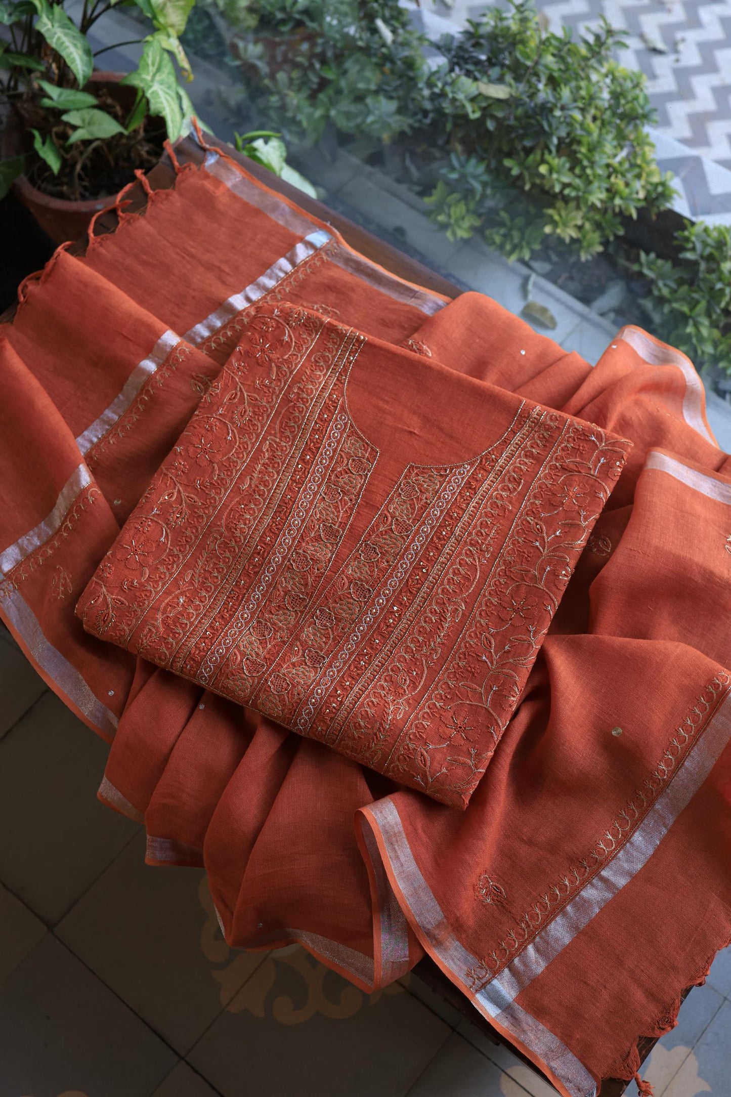 Orange Shade Rasm Silk Chikankari With Ari Work Unstitched Kurta Dupatta Set