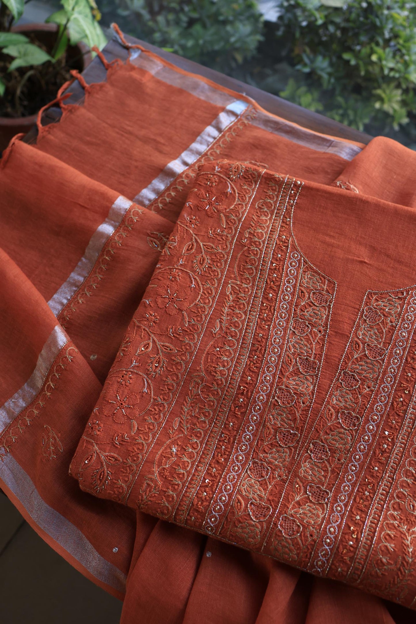 Orange Shade Rasm Silk Chikankari With Ari Work Unstitched Kurta Dupatta Set