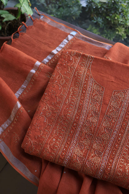 Orange Shade Rasm Silk Chikankari With Ari Work Unstitched Kurta Dupatta Set