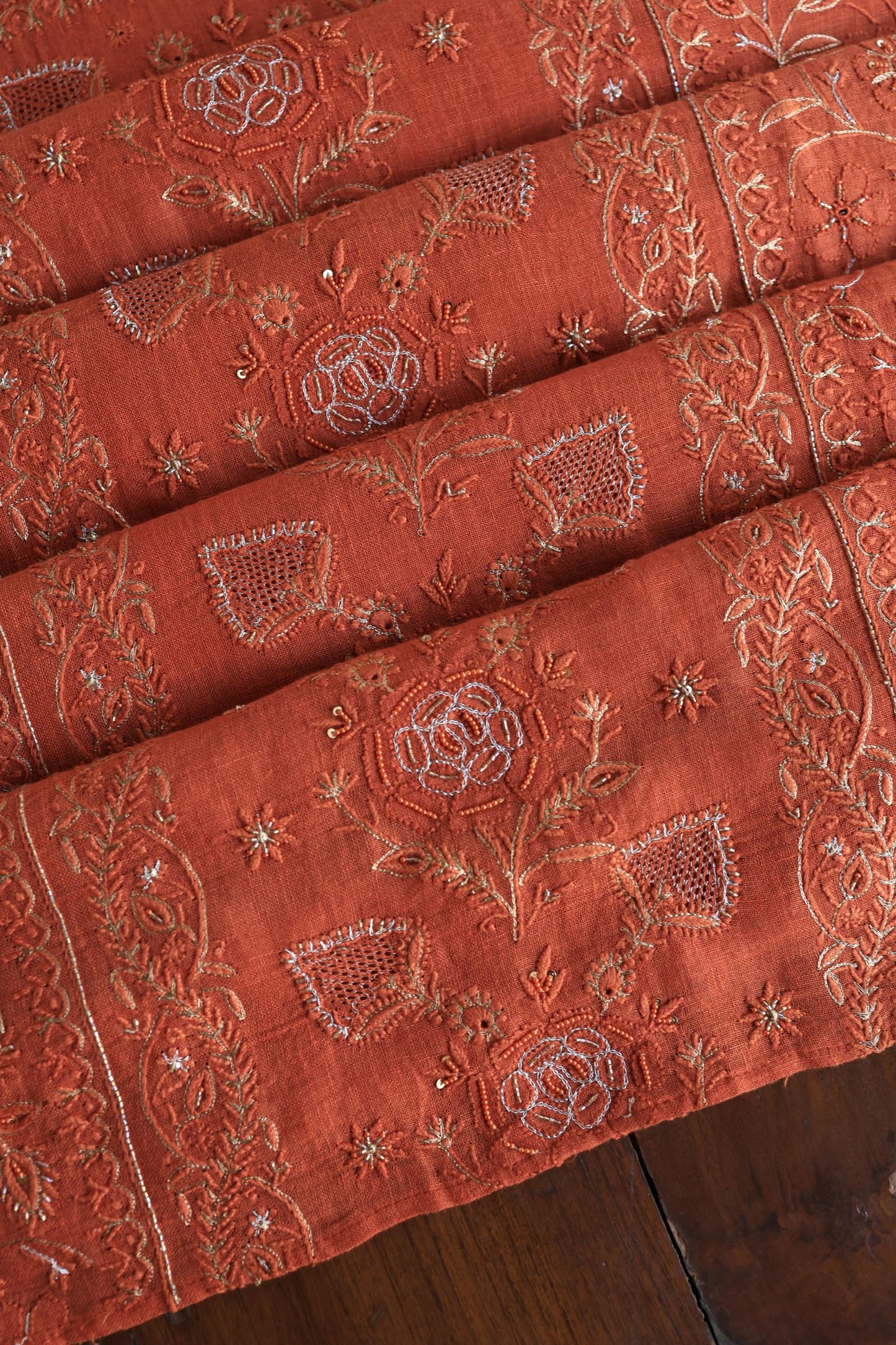 Orange Shade Rasm Silk Chikankari With Ari Work Unstitched Kurta Dupatta Set