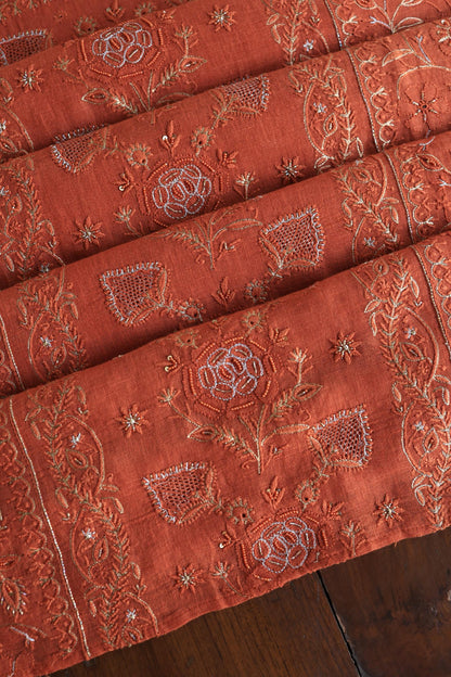 Orange Shade Rasm Silk Chikankari With Ari Work Unstitched Kurta Dupatta Set